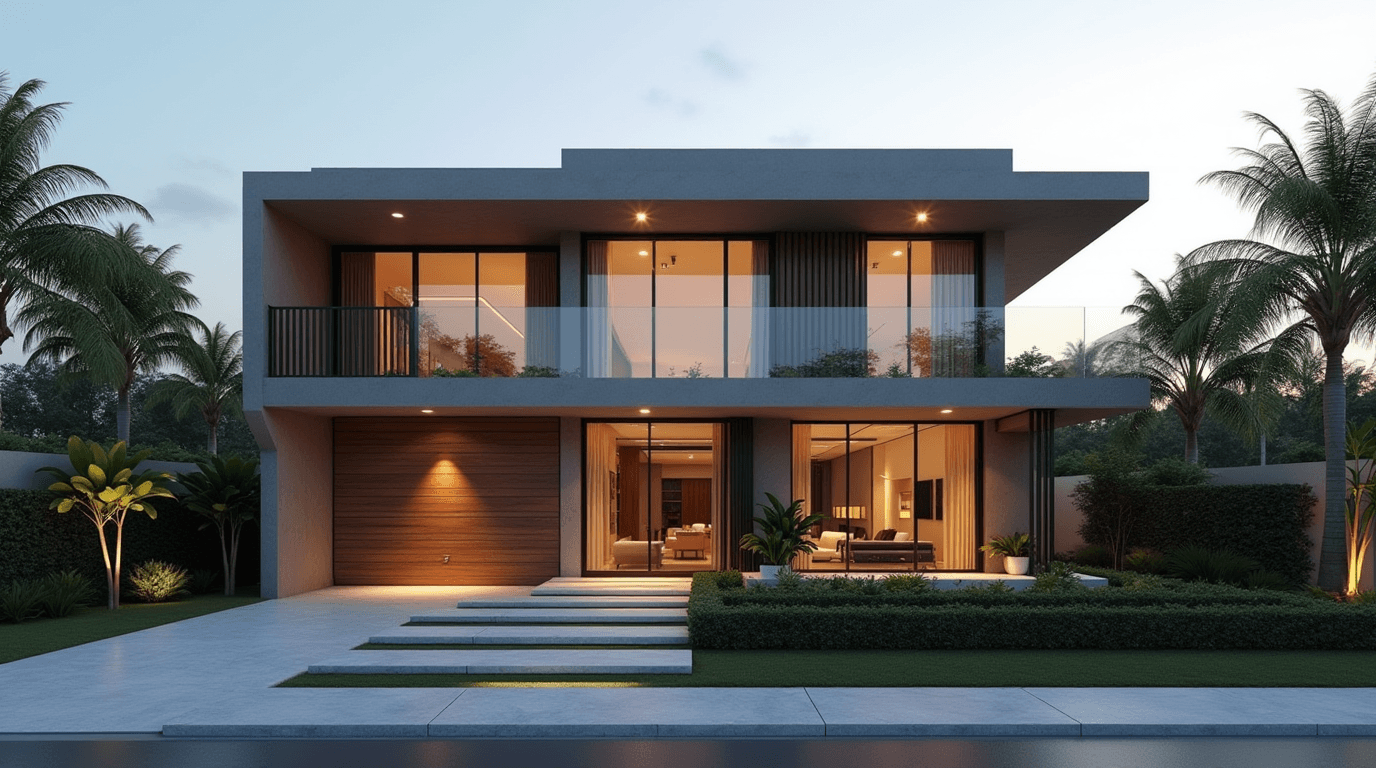 Casa moderna de dois pavimentos com vidros e madeira, iluminada ao entardecer